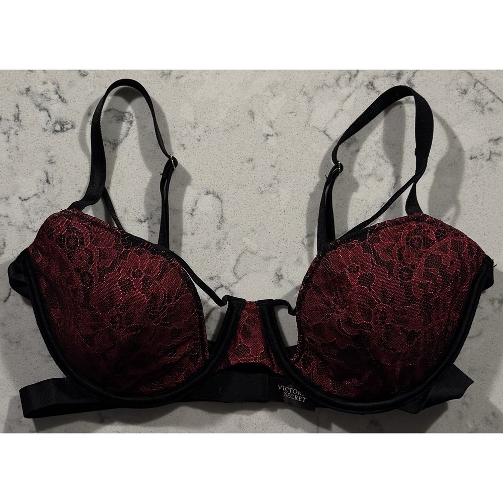 Victoria's Secret Very Sexy Lined Demi Bra 34D Red Black Lace Strappy Underwire